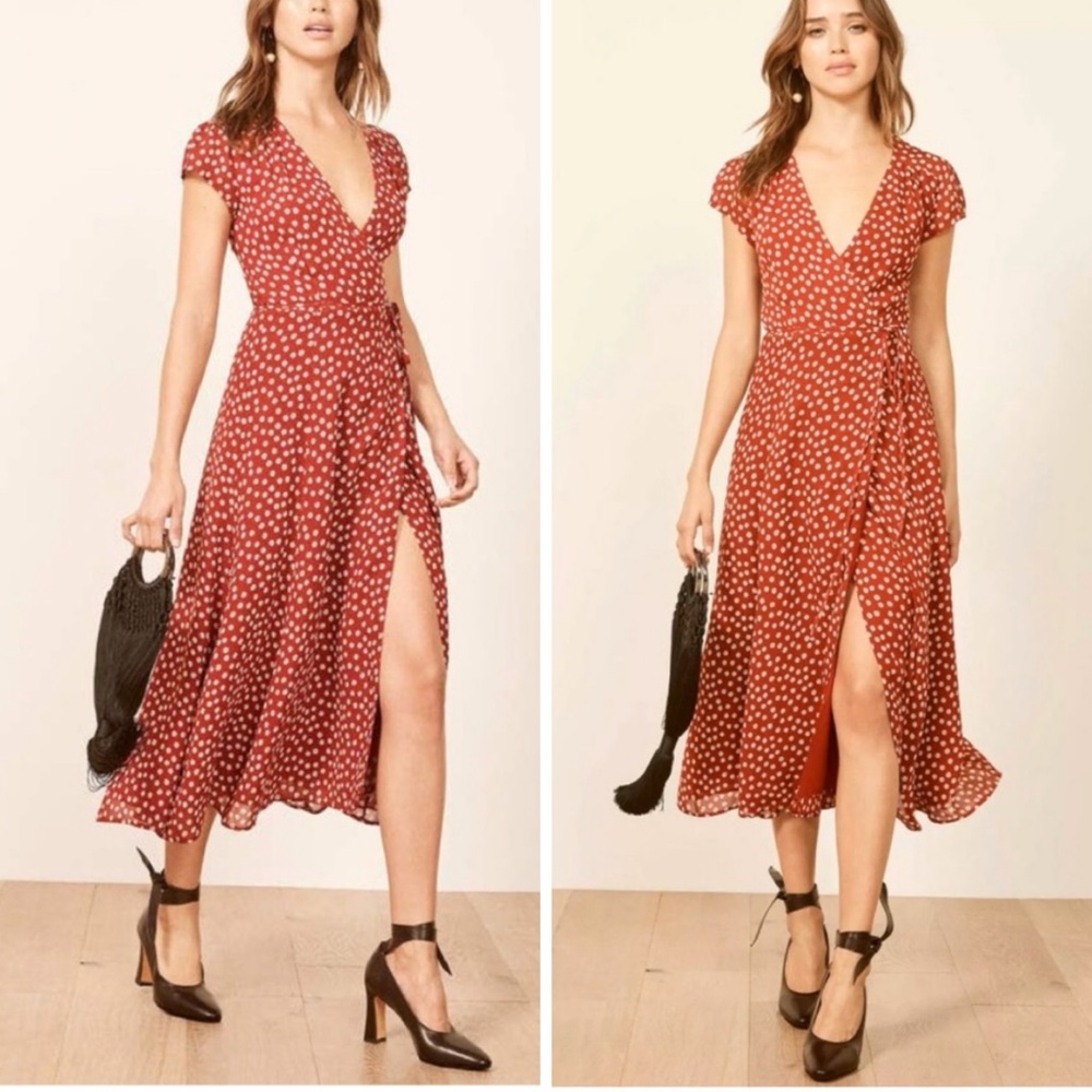 Reformation Rust Red Polka Dot Midi Wrap Dress